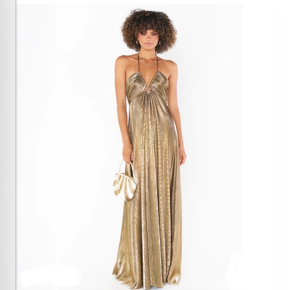 Show Me Your Mumu Paros Maxi Dress Pleated Gold